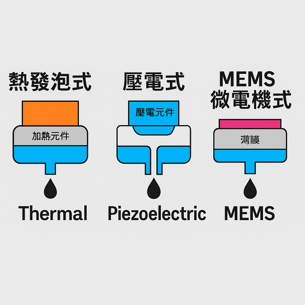 三種噴墨印表機噴頭技術（熱發泡式、壓電式、連續式） 的 工作原理